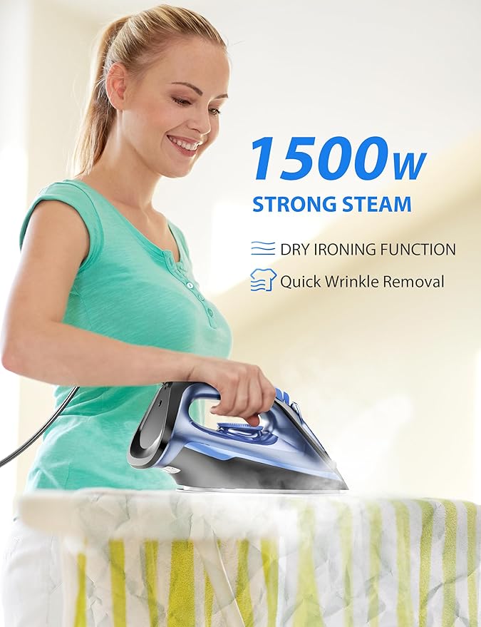 1500-Watt Steam Iron with Ceramic-Coated Soleplate and Burst Steam, 3-Way Auto-Off, Temperature Settings for Variable Fabric