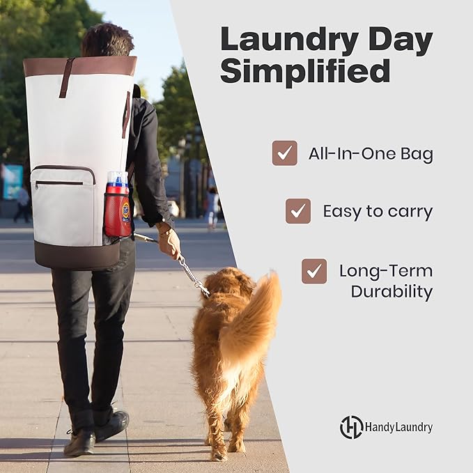 Laundry Backpack - XL Heavy Duty Laundry Bag Holds 3-4 Loads - Adjustable Straps, Drawstring Closure, Pockets & Handles - Durable Hamper for College, Travel & Laundromat - Beige