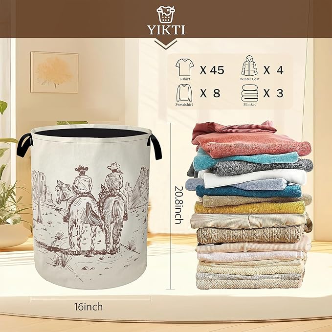 Western Cowboy Laundry Hamper,Vintage Clothes Hamper for Laundry,Waterproof Oxford Toy Storage Collapsible Hampers for Bedroom, Dorm Room,Bathroom,16x20 Inch