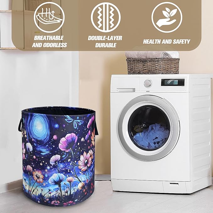 Colorful Flowers Laundry Basket Night Starry Sky Floral Foldable Oxford Cloth Funny Tote Bag Laundry Hamper Clothes Storage Bucket Toy Organizer For Bathroom/Laundry/Bedroom 18.9x16.5 Inch