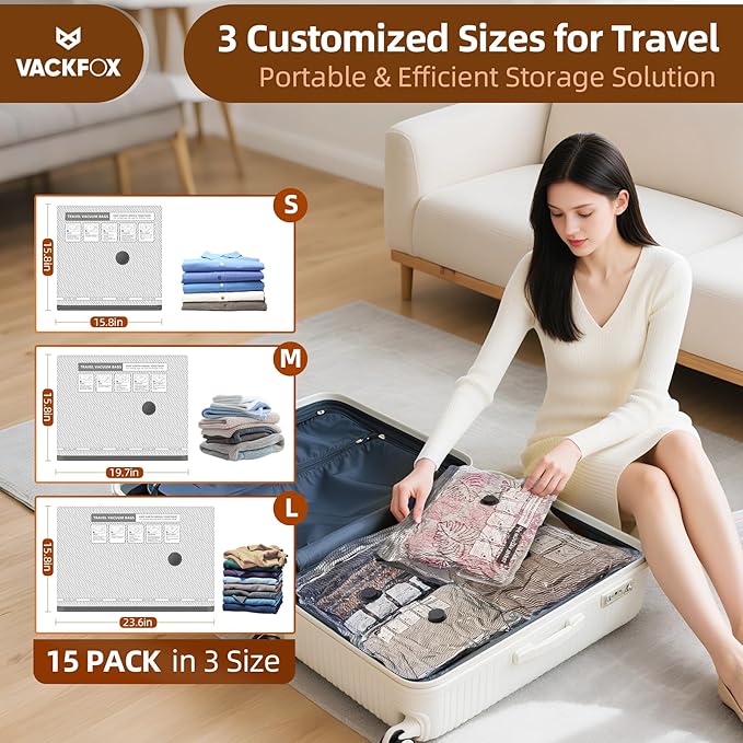 15 Pack Vacuum Seal Bags with Wireless Rechargeable Electric Pump, Vacuum Storage Bags with LED Light(5L+5M+5S), Travel Vacuum Bags for Luggage, Space Saver for Clothes and Clothing Travel