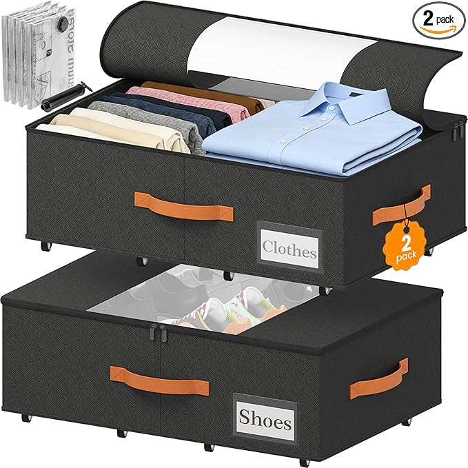 TOSKING 2-Pack Under Bed Storage with Wheels and 4 Vacuum Seal Bags,7.9 Inch 47L Clear Lid Organizer, Space Saving for Bedding Blankets Clothes ShoesToys, Quick Assembly, Black