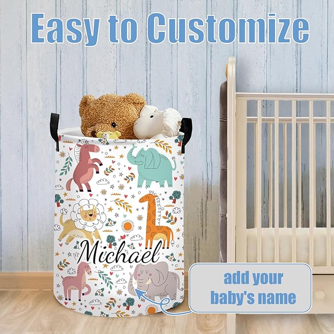 Custom Baby Girl Laundry Basket with Name, Personalized Woodland Animals Laundry Basket for Kids, Customize Name Laundry Hamper Storage Organizer for Nursery 2 Size Baby Gift