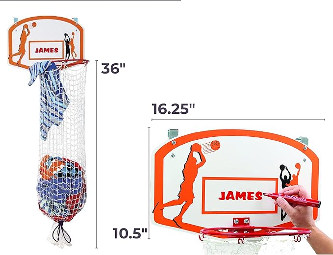 Etna Over the Door Basketball Laundry Hamper - Space Saving Hanging Hamper with Metal Ring, Backboard, Drawstring Bag - Fun Laundry Solution for Kids Room, Dorm Rooms, Dunk Away Dirty Laundry