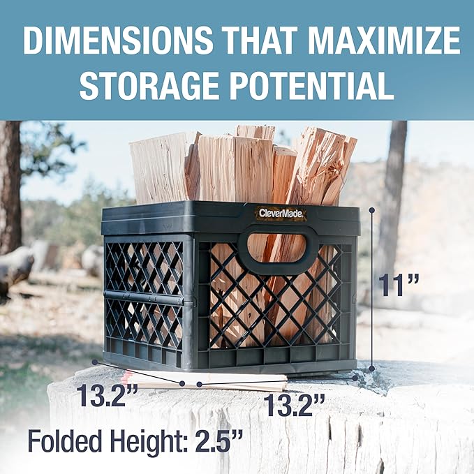 CleverMade Collapsible Milk Crate 25L (6.6 Gal) 3 Pack, 50 lb Heavy Duty Folding Crate – Stackable Storage Crates with File Rails, Plastic Collapsible Crates for Storage - Obsidian