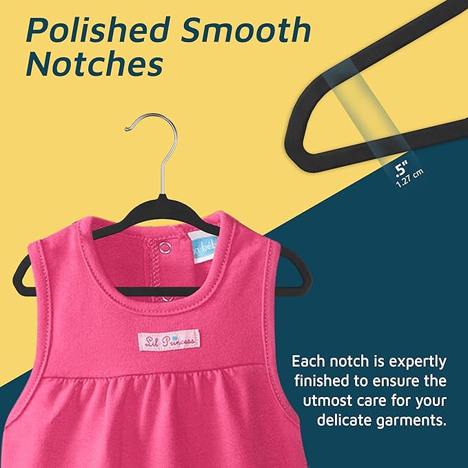 Black Velvet Kids Hangers 30 Pack, 10.83" Non-Slip Baby & Toddler Hangers for Clothes, Space-Saving Slim ABS Plastic with 360° Swivel Hook & Notched Shoulders, Up to 10 lb Capacity