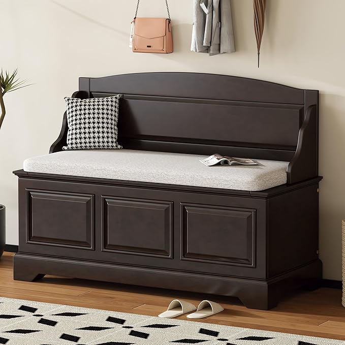 LUMISOL Shoe Storage Bench with Cushion, Farmhouse Entryway Bench with Soft-Close Devices and Hidden Storage, Upholstered Storage Ottoman for Living Room, Entryway, Bedroom, Espresso