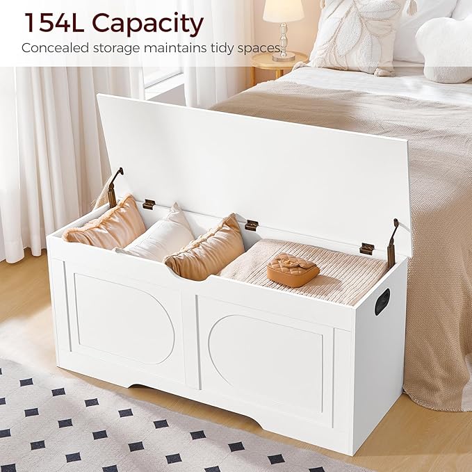 Storage Chest, 43.3” Toy Box, Entryway Storage Trunk, Shoe Bench with Storage, Engineered Wood Storage Cabinet with 2 Safety Hinges, Entrance Bench for Living Room, White SCWT2101