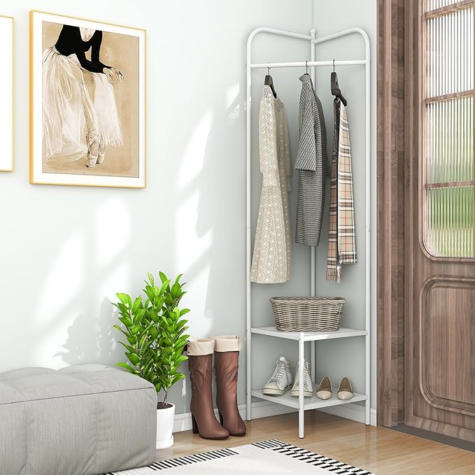 Tangkula Corner Coat Rack with Storage, Simple Hall Tree with Hanging Rod & 2 Mesh Shelves, Anti-toppling Devices, Freestanding Metal Clothes Rack Shoes Shelf Organizer for Entryway Bedroom (White)