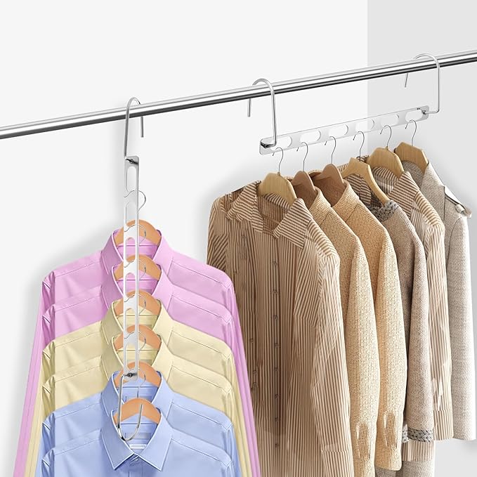 12-Pack Metal Hanger Organizer, Foldable Closet Hanger Rack, Sturdy Multiple Hangers in One Space Saver for Heavy Clothes, Closet Organizers, and Dorm Room Essentials.