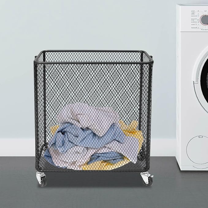Wire Metal Rolling Laundry Basket On Wheels,Mesh Wire Laundry Basket Storage Cart for Bathroom Bedroom Dirty Clothes Storage (B)