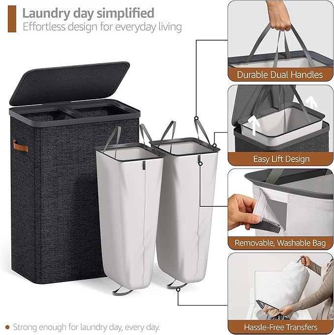 Sorbus Laundry Hamper with Lid - Collapsible 2-Compartment Fabric Laundry Basket with Handles and Removable Laundry Bag – 45 Gallon (170 L) Dirty Clothes Hamper for Bedroom, bathroom and dorm (Black)