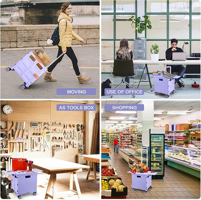 FELICON SELORSS Folding Utility Cart Portable Rolling Crate Handcart with Magnetic Sliding Lid Telescoping Handle Plastic Box Dolly 360°Swivel Wheels for Travel Shop Move Office Teacher(Purple Pro)