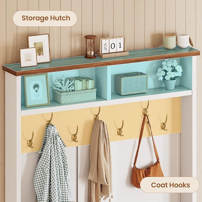 Itaar Hall Tree with Bench and Shoe Storage, 3-in-1 Entryway Bench with Coat Rack, Hall Tree with Adjustable Shoe Storage and Hanging Hooks, White and Brown (White and Brown)