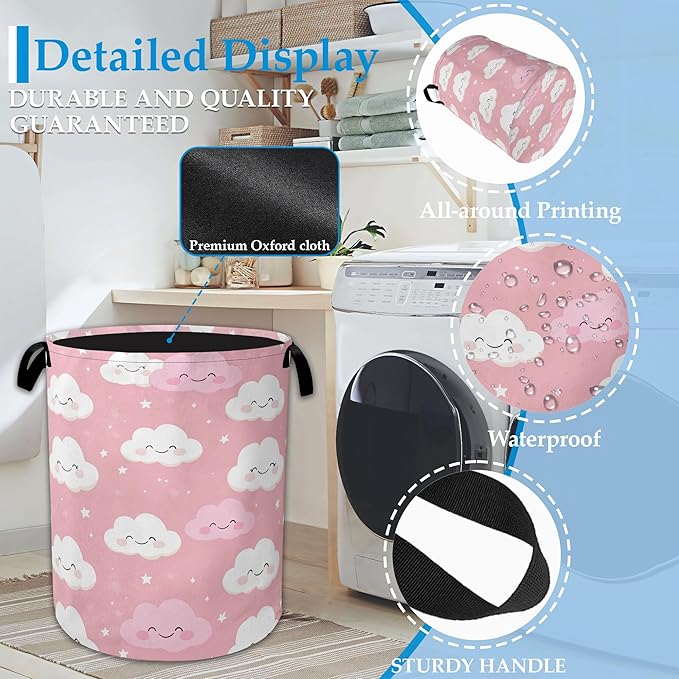Pink Cloud Laundry Basket Oxford Cloth Laundry Hamper With Handle, Foldable Portable Clothes Storage Baskets for Bathroom, Bedroom, Dormitories 16" X 20.8"