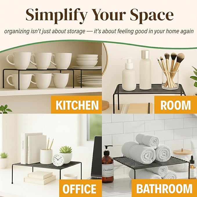 Evelots Kitchen Cabinet Wire Shelf Organizer/Rack - 4 Pack Sturdy Large Metal Shelf Risers - Double Your Counter Space - Great for Kitchen, Freezer, Pantry and Bathroom - Rustproof - Black