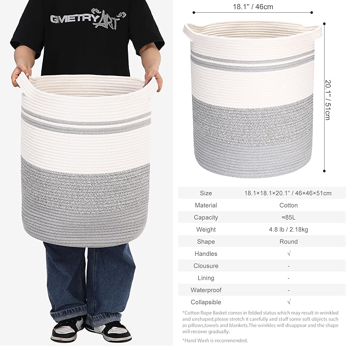 Sea Team Large Size Cotton Rope Woven Storage Basket with Handles, Laundry Hamper, Fabric Bucket, Drum, Clothes Blankets Organizer for Kid's Room, 18 x 20 inches, Round Open Design, White & Grey