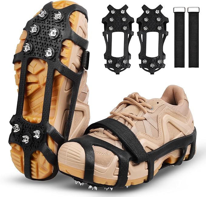 Ice Snow Cleats for Shoes and Boots 9 Studs Crampons Shoe Spikes for Snow and Ice Non-Slip Ice Shoes Grippers with Adjustable Straps Overshoe for Women Men Kids Hiking Walking Ice Fishing