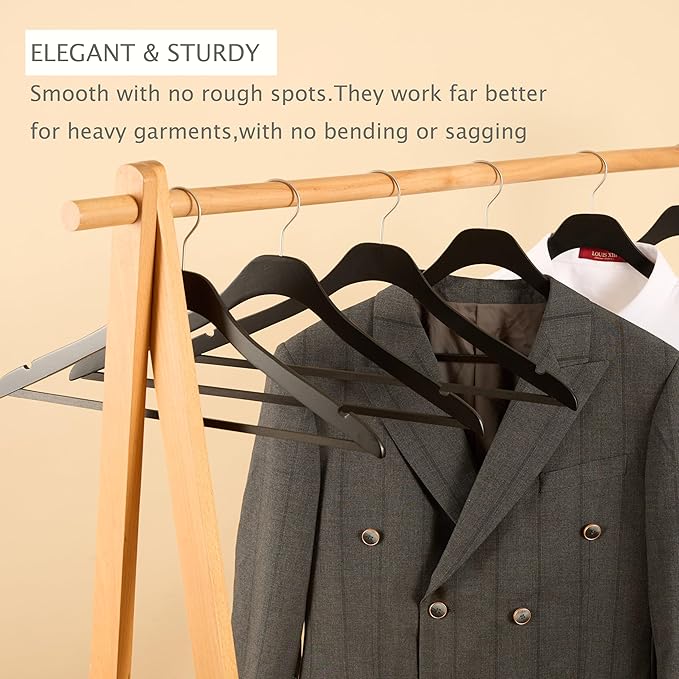 Ultra Thin Wooden Natural Slim Wood Coat Hangers 17.7 inch Space Saving Black Wooden Adult Clothes Hangers,20 Pack Heavy Duty Suit with Pant Bar for Jacket Shirt Suit Pants