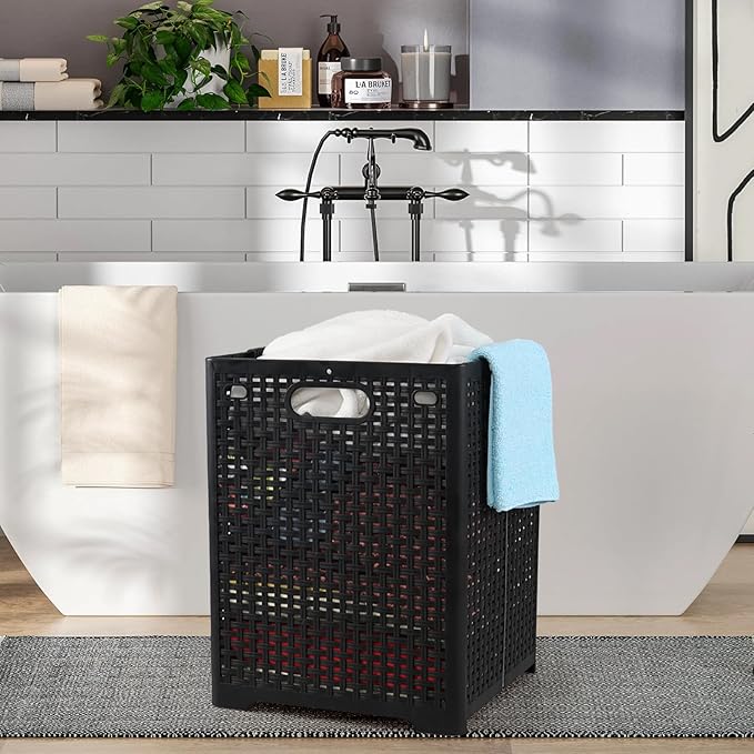 40 L Collapsible Plastic Clothes Laundry Basket Hamper, Tall Foldable Laundry Basket, Black