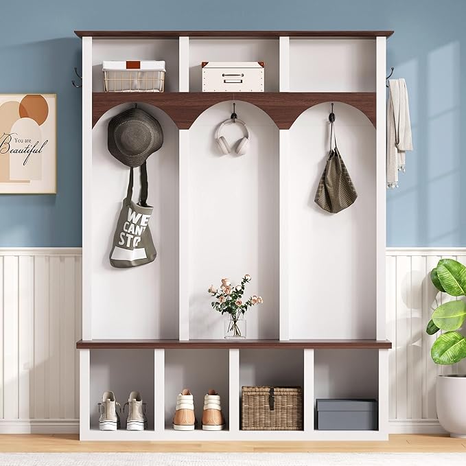 Farmhouse 59" Wide Hall Tree with 5 Black Hooks and Arched Design, Wood Grain Bench with Open Compartments, 4-in-1 Hallway Shoe Cabinet for Mudroom, Living Room (White-9.9)