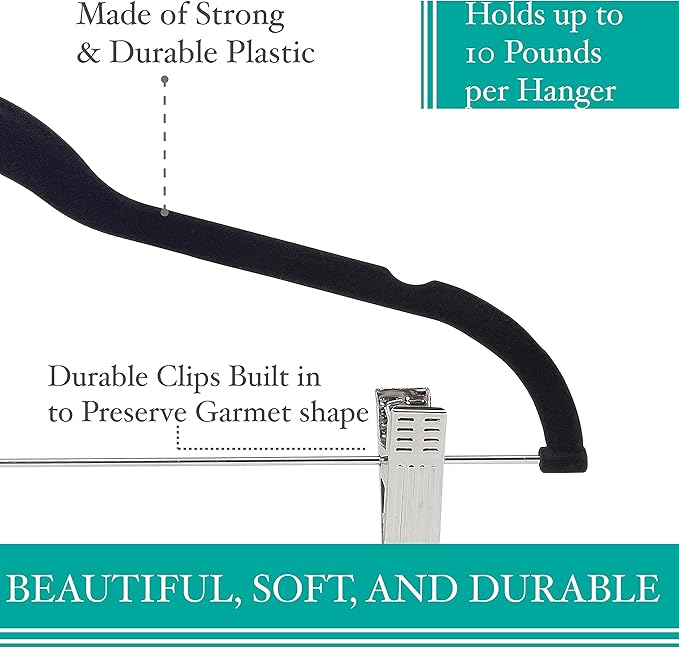 Simplify 24 Pack Velvet Hangers with Clips | Skirt and Pants | Slim Space Saving | Closet Organization | Non-Slip | Prevent Creases | Swivel Neck | Durable | Black