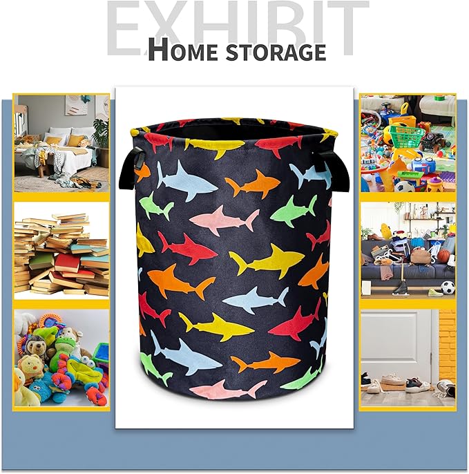 Colorful Shark Laundry Basket Cartoon Pictures Foldable Oxford Cloth Funny Tote Bag Laundry Hamper Clothes Storage Bucket Toy Organizer For Bathroom/Laundry Storage/Bedroom 18.9x16.5 In