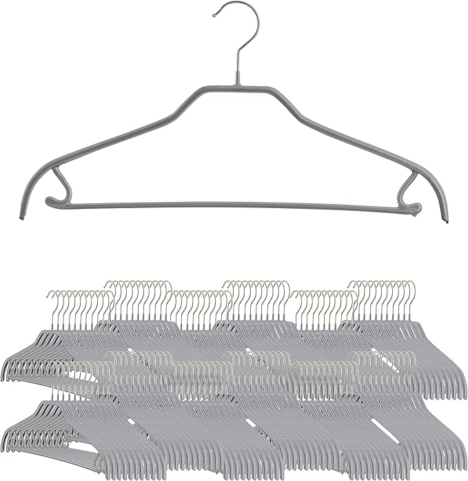MAWA by Reston Lloyd Silhouette Series Non-Slip Space Saving Clothes Hanger with Bar & Hook for Pants and Skirts, Style 41/FRS, Set of 100, Silver