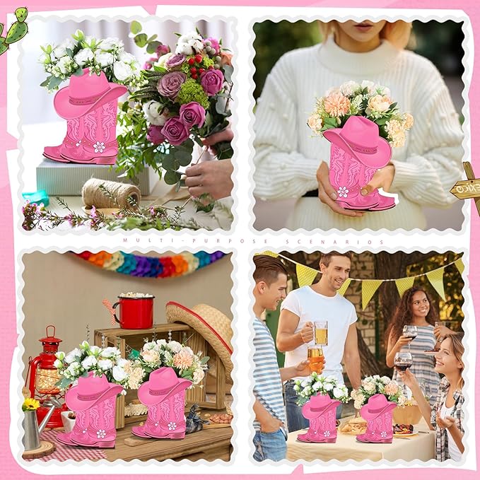 Domensi 8 set Western Cowboy Boots Flower Boxes Centerpiece Boot Shape Box Decorations Western Theme Party Boot Gift for Cowboy Cowgirl Birthday Party Baby Shower Wedding Supplies (Pink,Cute)