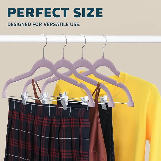 Lifemaster Velvet Skirt Hangers – with Adjustable Clips, 360 Degree Swivel Hook, and Non-Slip Shoulder Notch, Holds Up to 10 lbs, for Organizing Skirt, Pants, Dress, and Clothes, Pack of 30, Purple