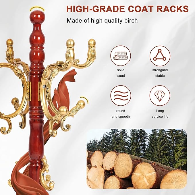 Wooden Coat rack freestanding, Coat racks stand with 14 Hook, Heavy duty coat tree standing 3 Adjustable Heights for Bedroom, Entryway, Hallway, Office,Stury Base (Begonia)