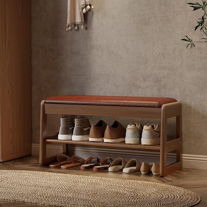 AQIMUELE Shoe Rack Bench,2 Tiers Shoe Bench with Storage with Flip-Top,Wood Shoe Rack for Entryway,Hallway（Orange Upholstered Seat）