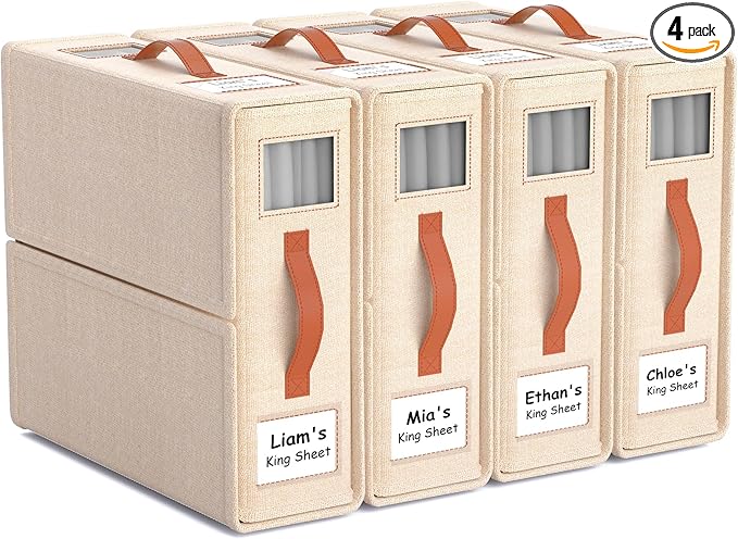 4 Pack Bed Sheet Organizers and Storage(King &Queen Size) with an Elastic Strap, Foldable Closet Linen Sheet Storage Container, Sheet Set Box for Blankets, Duvet Cover and Pillowcase, Beige