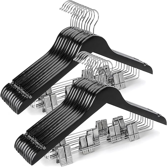 TOPIA HANGER Wooden Suit Hangers with Adjustable Metal Clips (20 Pack), Solid Wood Coat Hangers, 360° Swivel Hook, Premium Clothes Hangers for Jacket, Pant, Jeans, Blouse-Black, CT28B20