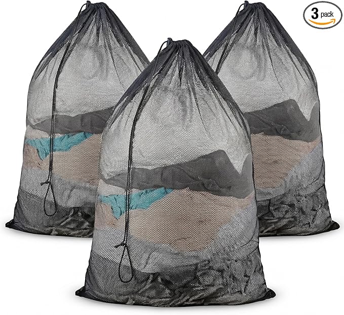 3 Pack Large Mesh Laundry Bags, 23 x 34 Inches Heavy Duty Laundry Net Bag with Drawstring, Durable Mesh Laundry Bags for College Dorm, Travel, Family, Apartment Dwellers, Camping, Black