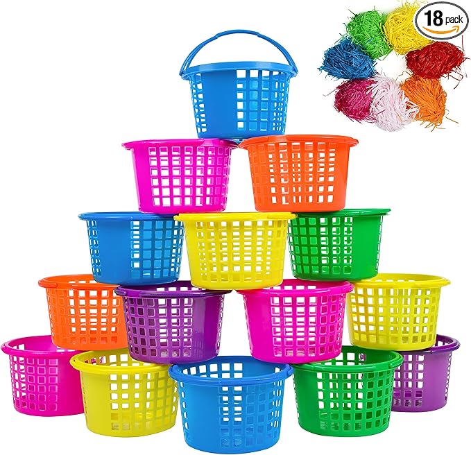 18PCS Easter Small Plastic Baskets with Handles Bulk, 70g Faux Grass Confetti Strips Accessories Filler Stuffers for Spring Decorations Party Supplies Favors