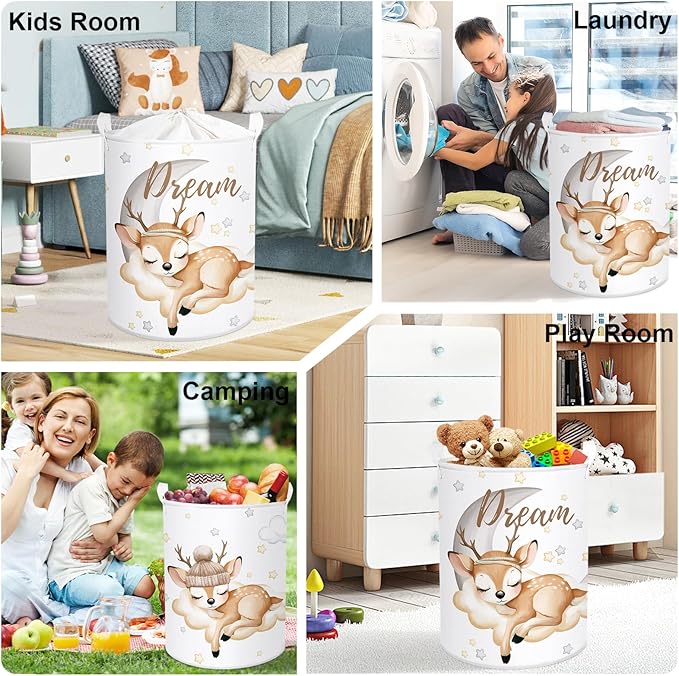 Sleeping Animals Baby Laundry Hamper Collapsible Clothes Kids Storage Basket Large Boys Girls Gift Toy Box Bin for Nursery, Deer, 63L