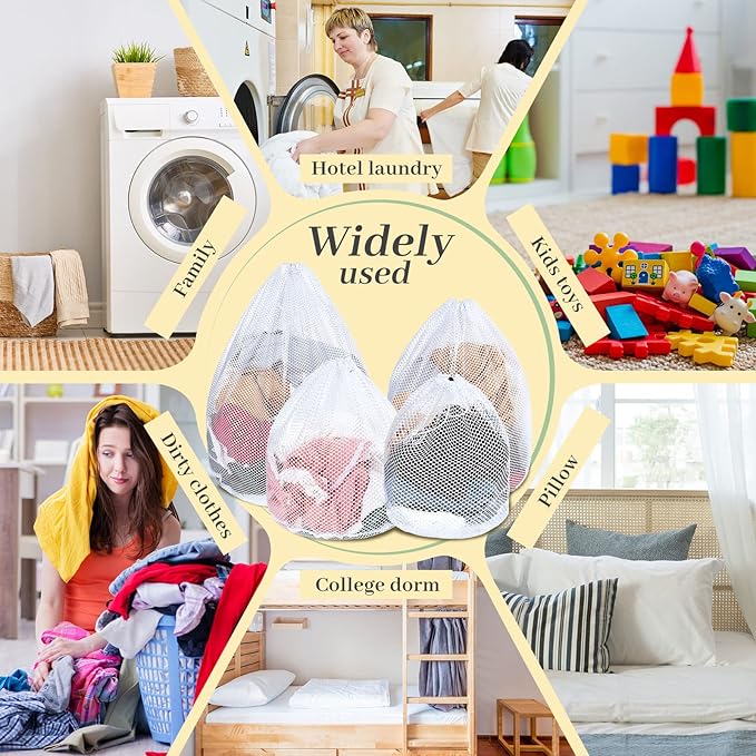 Fabbay 12 Pcs Mesh Laundry Bag with Drawstring White Heavy Duty Mesh Bag Machine Washable Sheet Drawstring Bag Net Wash Bag Laundry Washing Bag for Delicates College Dorm (Coarse Style)