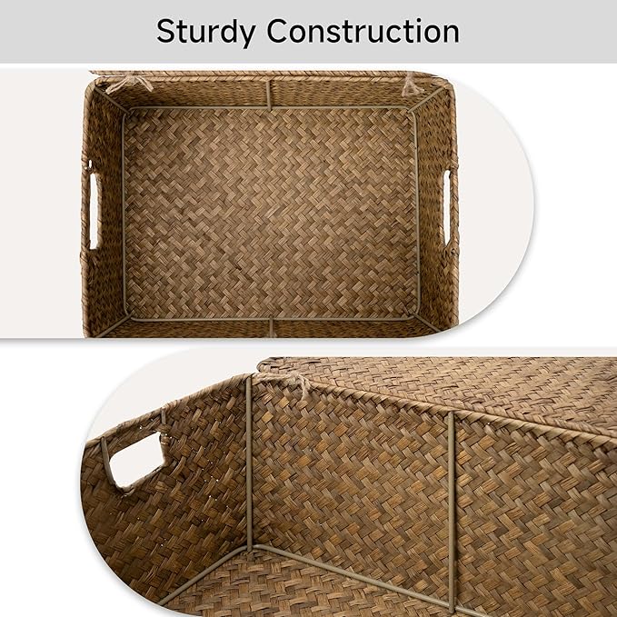 StorageWorks Wicker Baskets with Lid for Organizing, Seagrass Storage Baskets for Shelves, Decorative Box with Built-in Handles, Brown, Medium, 1 Pack