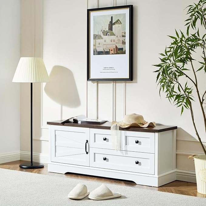 SOOWERY 48 Inch End of Bed Storage Bench, Farmhouse Bed Bench with Drawers and Cabinet, Rustic Shoe Storage Bench for Entryway, Bedroom,Living Room, White