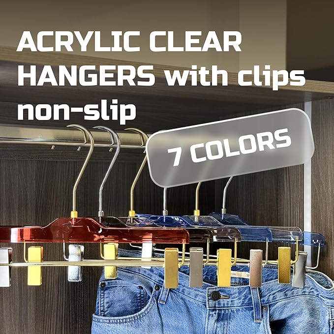 Acrylic Clip-Hangers Orange for Pants, Skirts and Shorts with 360 Degree Silver/Golden Hook | Space Saving & Non-Slip | 5 Pack