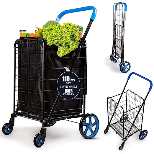 SereneLife Large Folding Utility Shopping Cart with Removable Liner – Heavy Duty, 360° Swivel Wheels, 110 lb Capacity, Portable for Groceries, Laundry, Luggage, and More(Blue)