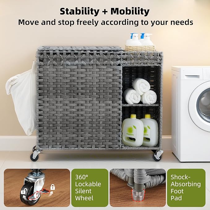 Laundry Hamper with Lid, 160L Rattan Wicker Laundry Basket with Wheels, Handwoven Laundry Hamper 2-Section with Storage shelf(42.3 Gal), Laundry Sorter Basket with Removable Liner, Grey HLH032G