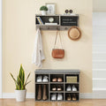 Entryway Shoe Bench with Coat Rack, Cushioned Storage Seat with Cubbies, Shoe Rack Bench for Front Door Entrance, Hall Tree with Hooks, Blackboard & Extra Storage for Entryway, Hallway & Living Room
