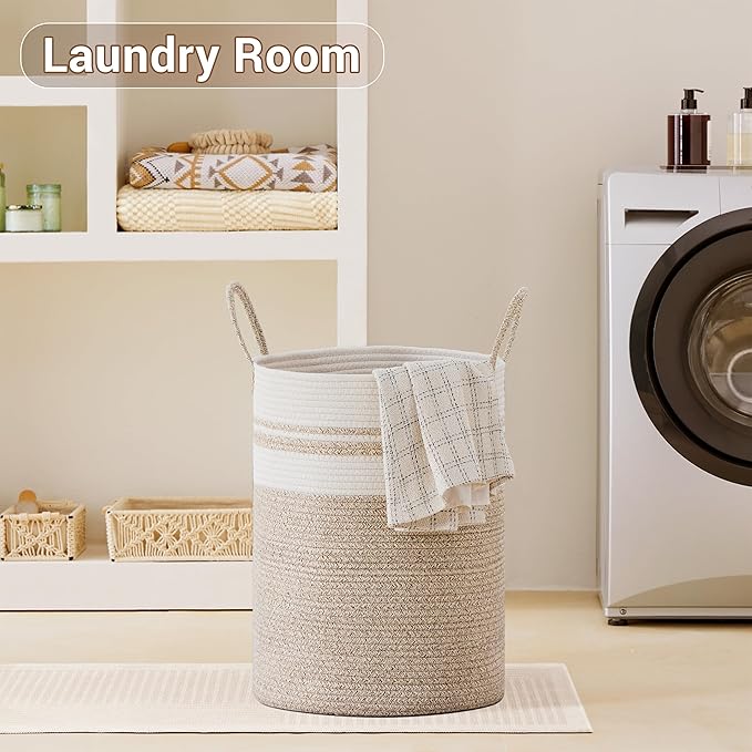 Tall Laundry Basket with Handles, 58L Portable Dirty Clothes Hamper, Boho Cotton Rope Storage Bin for Blankets Kids Toys Gifts, Decorative Organizer for Nursery Bedroom Bathroom, New Brown