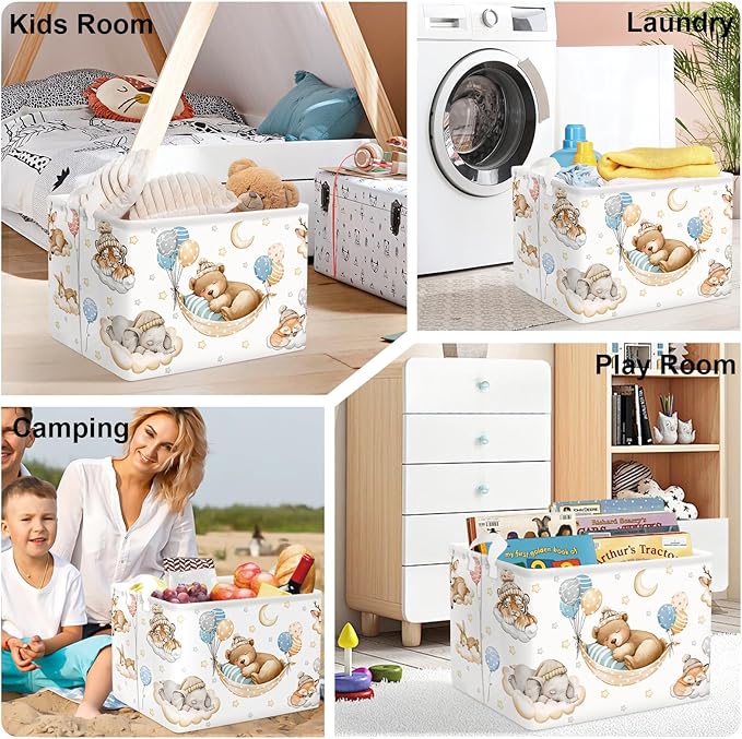 Sleeping Animals Baby Laundry Hamper Collapsible Clothes Kids Storage Basket Large Boys Girls Gift Toy Box Bin for Nursery, Bear, 36L