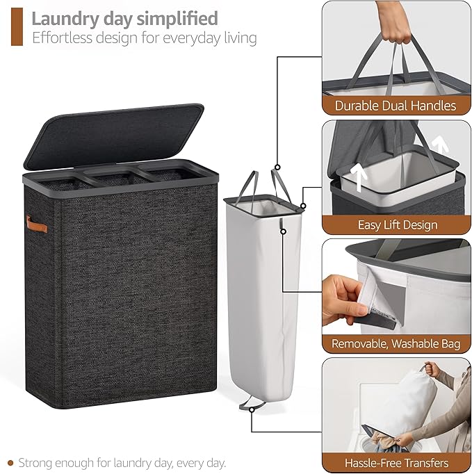 Sorbus Laundry Hamper with Lid - Collapsible 3-Compartment Fabric Laundry Basket with Handles and Removable Laundry Bag – 50 Gallon (190 L) Dirty Clothes Hamper for Bedroom, bathroom and dorm (Black)