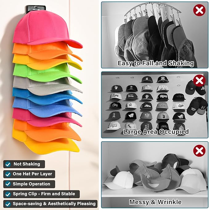 2 Pack Hat Organizer for Baseball Caps with Built-in Spring Clips,Hat Storage for Wall,Hat Rack for Door,Wall Mount Baseball Cap Organizer Holds up to 20 Caps for Bedroom,Closet,Door Wall