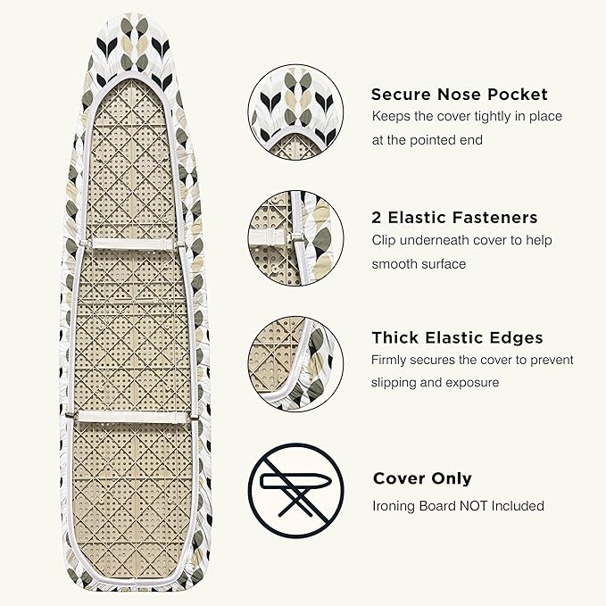 Ironing Board Cover and Pad 15"x54" Extra Thick Natural Cotton, Scorch and Stain Resistant Padding, Standard Size Iron Board Cover with Fasteners Heavy Duty Elastic Edge, Heatproof Foliage