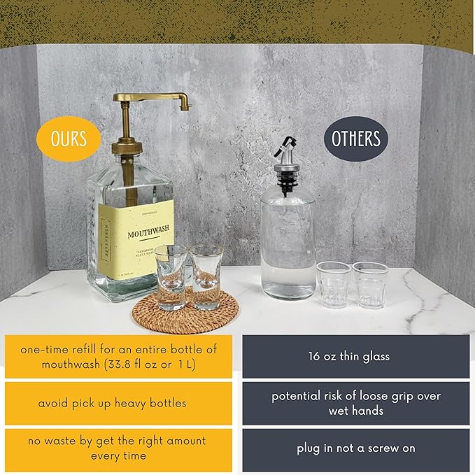eBun Goldengleam Glass Mouthwash Dispenser (Gold Plastic Pump) 37oz Mouthwash Pump Dispenser, Mouth Wash Holder with Rinse Cup, Mouth Wash Glass Bottle, Decanter, Large Bottle for Bathroom Set